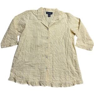 Denim & Co Button Up Shirt Butter Yellow White Plaid Womens Sz Medium Ruffle Hem